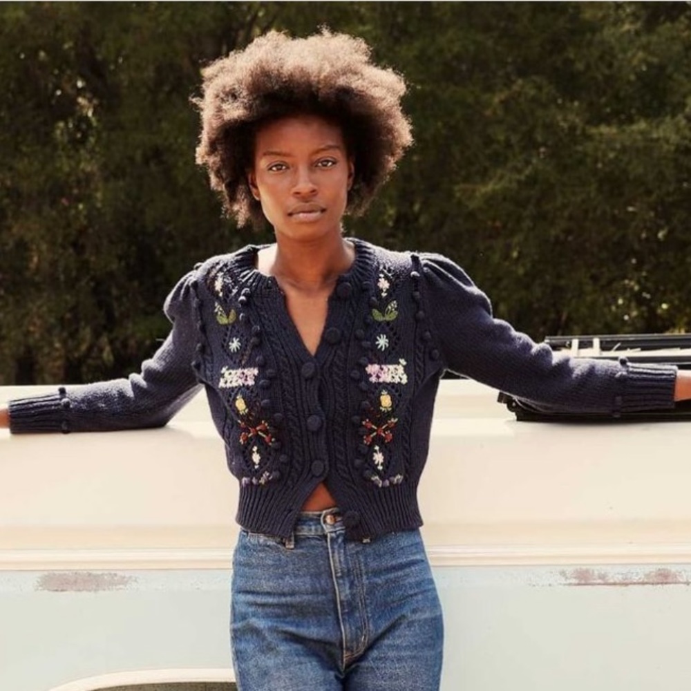 ✨💙DÔEN ‘Forget Me Not’ Embroidered Cable Knit Cardigan Sweater Navy XS - Picture 5 of 14